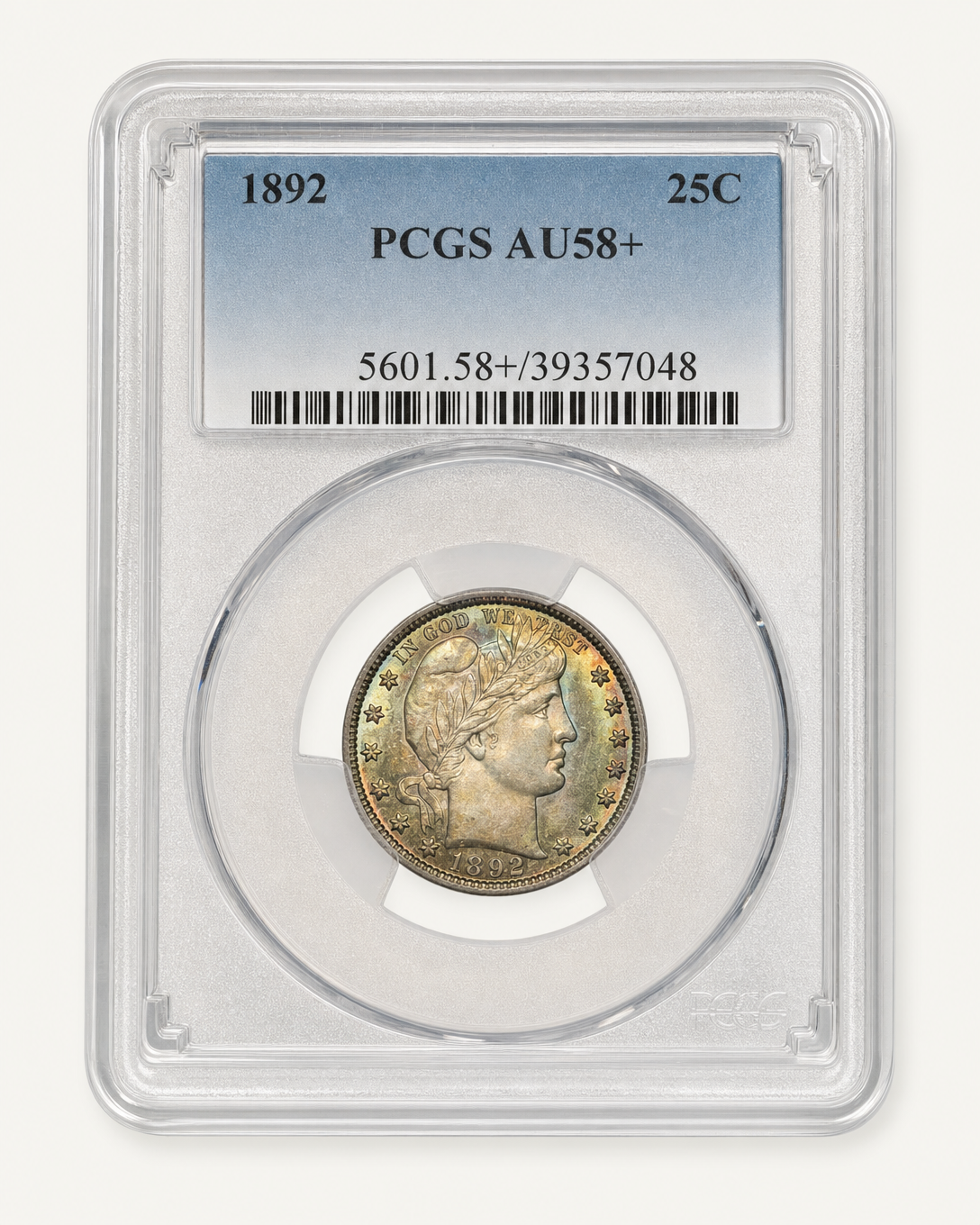 Auction-catalog studio image of the same 1892 quarter · PCGS AU58+, evenly lit on a neutral background